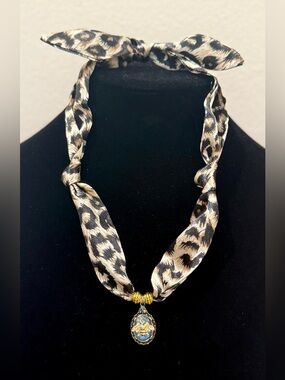 Leopard Print Silk Scarf Necklace with Gold bee Pendant